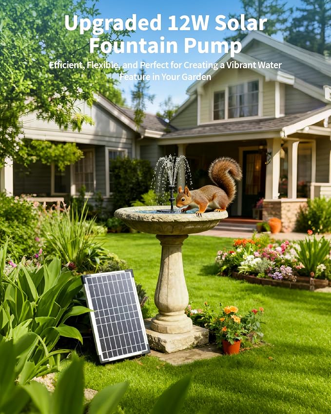 POPOSOAP Solar Fountain Pump, 12W Solar Water Pump Kit with 4400mAh Battery Backup Work All Day, 8 Nozzles & PVC Tubing, Solar Pond Pump for Bird Bath Garden Pond Fish Tank P112D