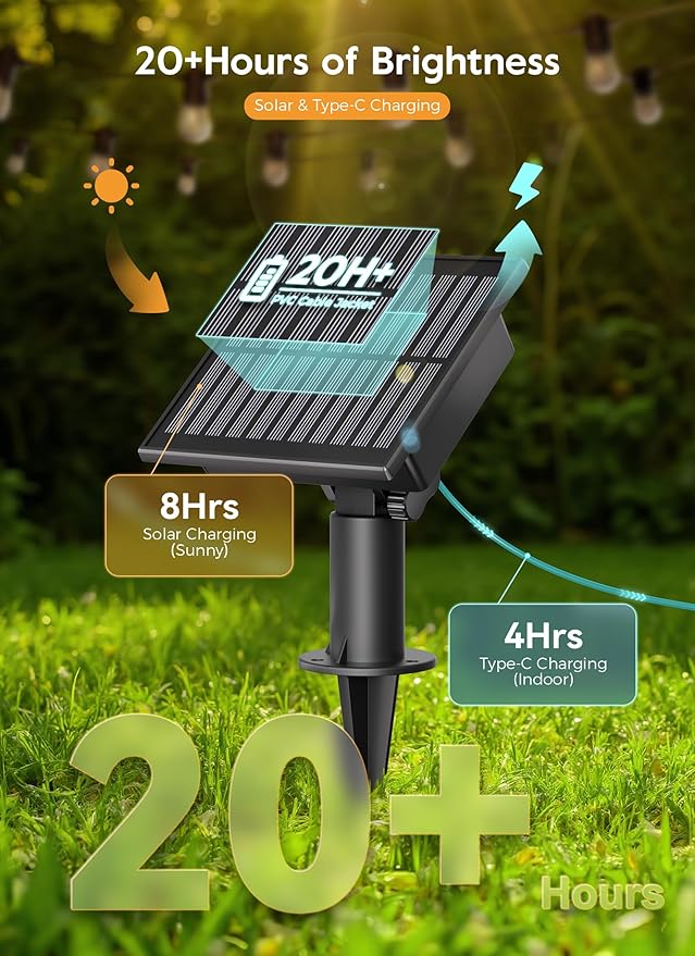 Minetom 34FT Solar String Lights Outdoor Waterproof, 9 LED S14 Shatterproof Bulb, Patio Lights with Remote Type-C Port Timable, 3 Light Modes Dimmable Solar String Lights for Outside, Yard, Camping