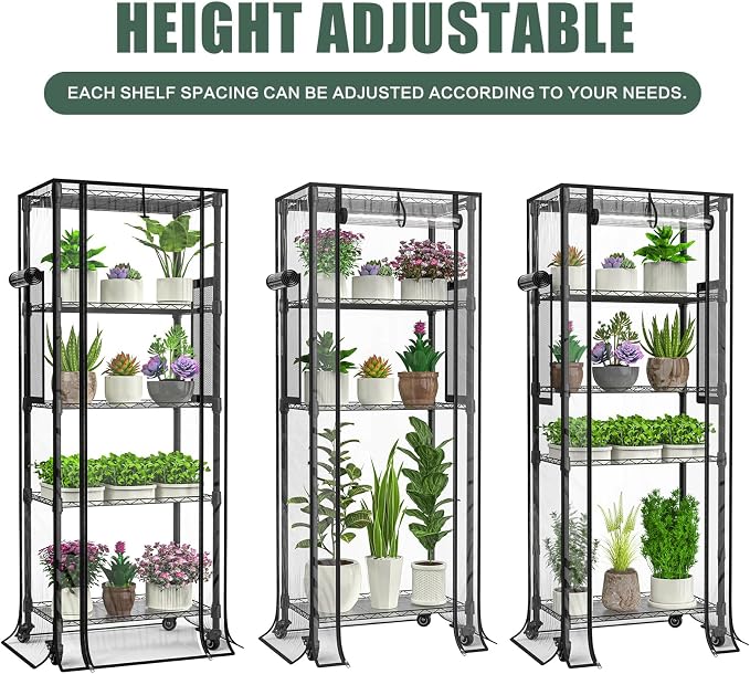 5-Tier Greenhouse for Indoor , 23.2" L×13.4" W×61.4" H | Portable Greenhouse with Wheels，Clear PVC Cover and Metal Shelf，for Growing Flowers and Seedlings