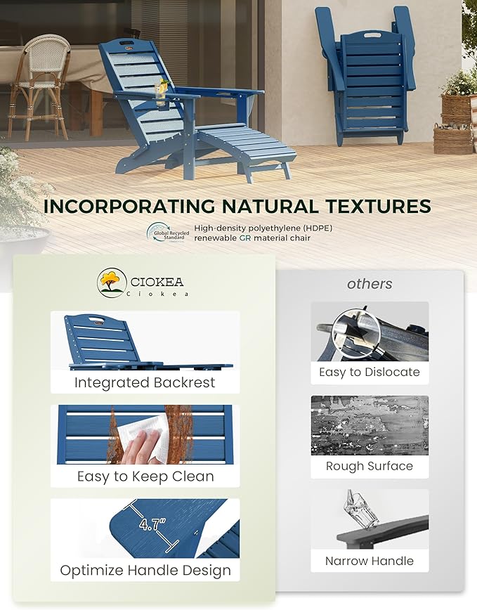 Ciokea Folding Adirondack Chair Set of 4 with Retractable Ottoman Fire Pit Patio Chair with Pull Out Foot Rest Weather Resistant Lawn Outdoor Chair with 2 Cup Holder (Navy Blue)