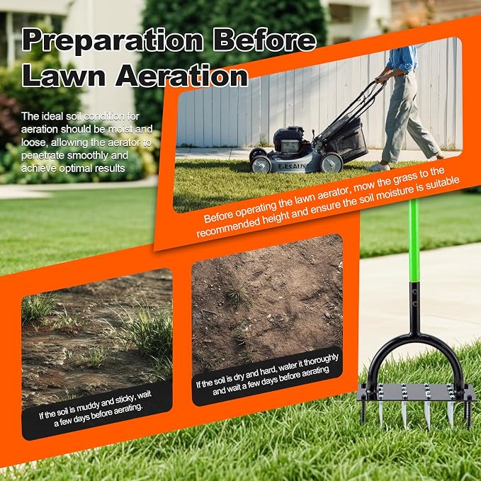Bluesea Lawn Aerator Tool - 16 Iron Spikes with Ergonomic T-Handle, Automatic Dirt Clean for Soil Loosening & Yard Aeration, Manual Metal Grass Aerator (Green)