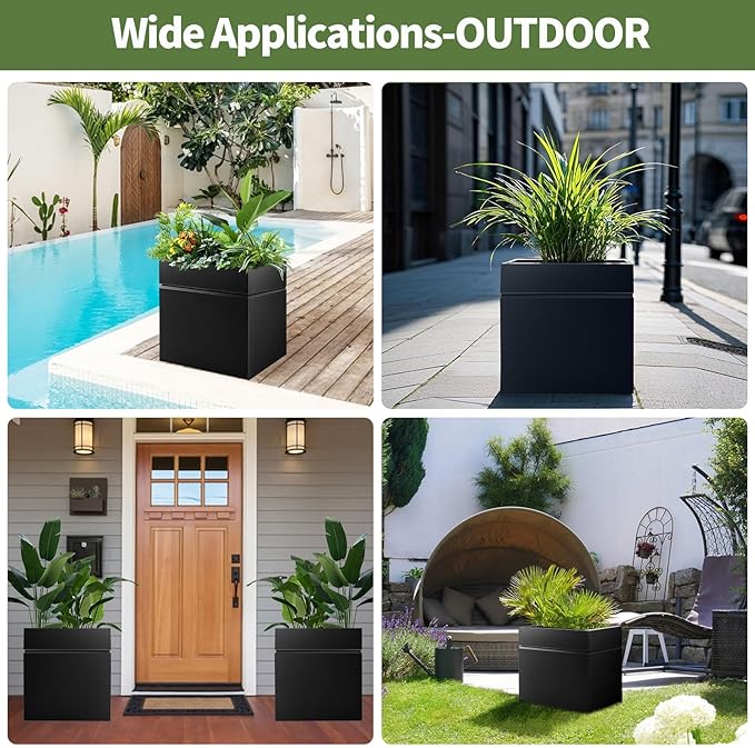 Matel Planter Box 20" L x 20" W x 21" H, Cube Heavy Duty Powder Coating Steel Planters with Drainage Hole, Indoor Outdoor All-Weather Use for Home, Porch, Patio, Garden(Black)