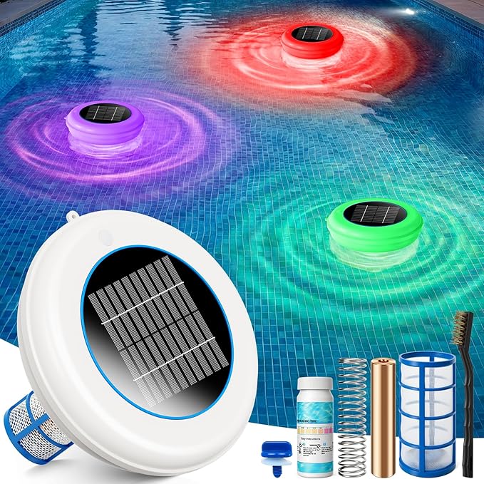 Aisdan Solar Pool Ionizer, Upgraded Larger Solar Panel Copper Pool Ionizer Floater Auto Switching of Multi-Colored LED Night Light, Ionizador Solar for Above Ground, Inground Pool, Up to 45,000 Gal