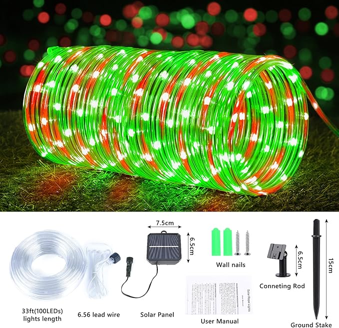 Solar Rope Lights, 33ft 100LED Solar String Lights, 8 Modes Waterproof Solar Powered Outdoor Light, Flexible Clear Tube Light for Garden Backyard Patio Deck Porch Pool Tree Christmas Decor- Red&Green