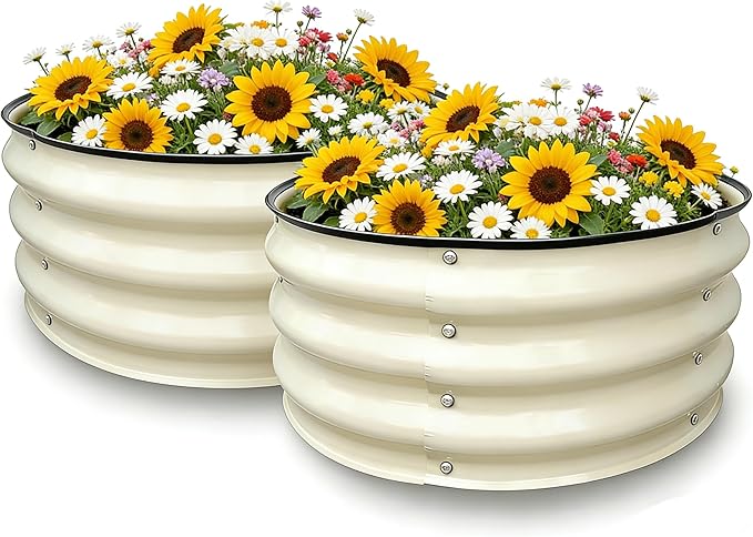 GrowHaus 2x2x1FT Galvanized Raised Garden Bed, Planter Boxes Outdoor Round Metal Garden Beds for Planting Vegetables Flowers Herbs 2 Pack Milk White