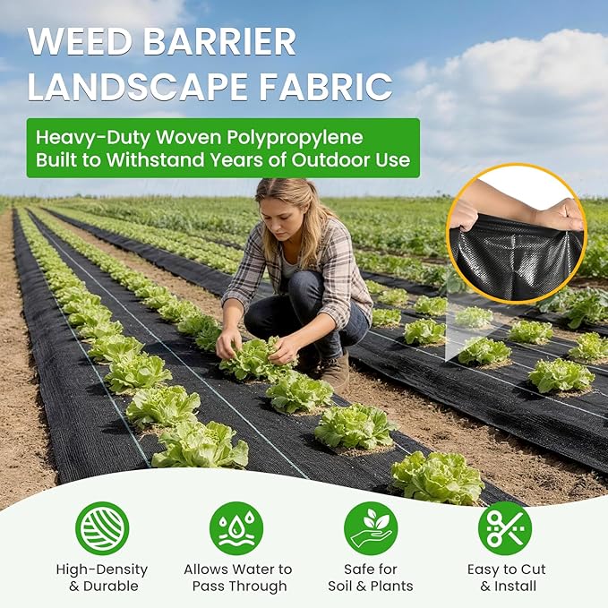 Weed Barrier Fabric, 3x300ft Landscape Fabric, 3.2oz Heavy Duty Durable Woven Geotextile Fabric, High Permeability Ground Cover Mat, Driveway Fabric, Garden Weed Control Cloth with 20 U-Securing Pegs