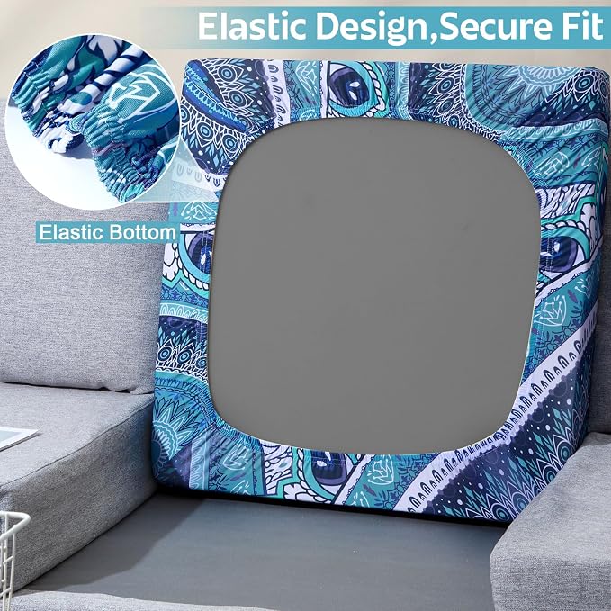 pickyNproud 8Pcs Patio Cushion Covers Stretch Outdoor Couch Cushions Slipcovers Replacement Washable Furniture Protector with Elastic Bottom Sofa Chair Seat Cover, Teal Mandala