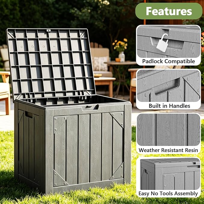 30 Gallon Outdoor Deck Box 4 Pack, Waterproof Resin Patio Storage Boxes with Lockable Lid, Small Outdoor Storage for Cushions, Accessories, Garden Tools, Indoor Outdoor Organizer, Gray