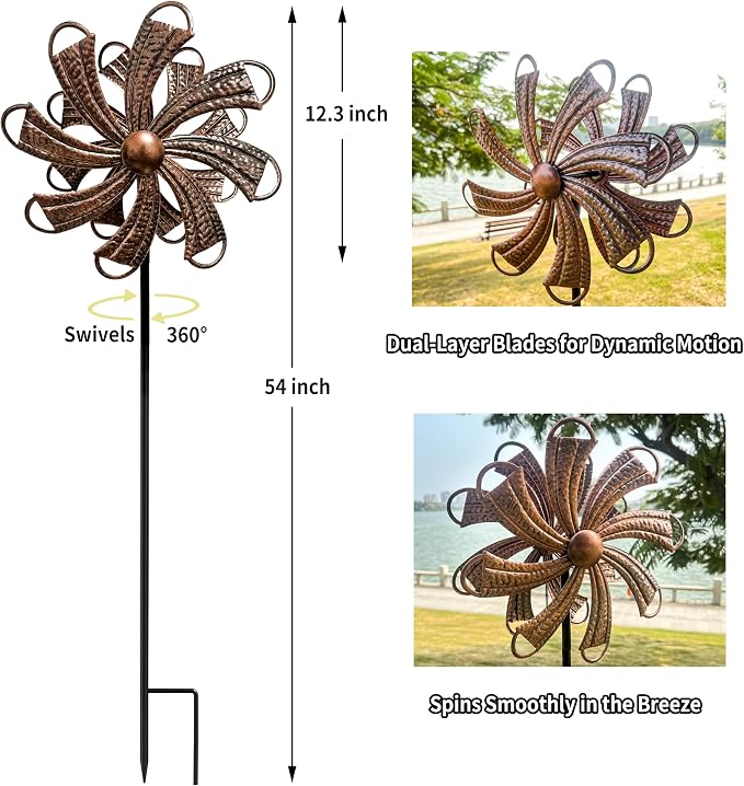 Wind Spinners Outdoor, Copper Flower Double-Sided 360° Wind Spinner with Stake, Metal Garden Yard Decor (12.3" Dia x 54" H)
