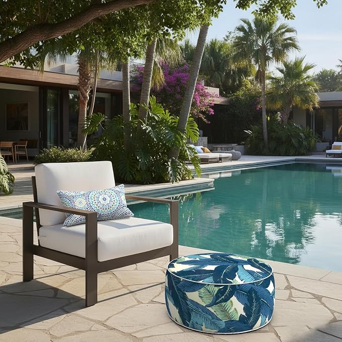 LVTXIII Indoor/Outdoor Inflatable Ottoman with Handle D21 x H9 Inch, Weather-Resistant Round Footstool Pouf for Patio Camping Living Room, Portable Footrest Extra Seating, Swaying Palms Blue