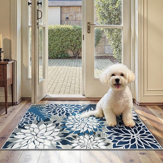 Arenarug 2x3 Washable Small Rug Tropical Botanical Modern Floral Indoor Chenille Door Mat Carpet Non Slip for Patio, Entry Way, Entrance, Porch, Blue