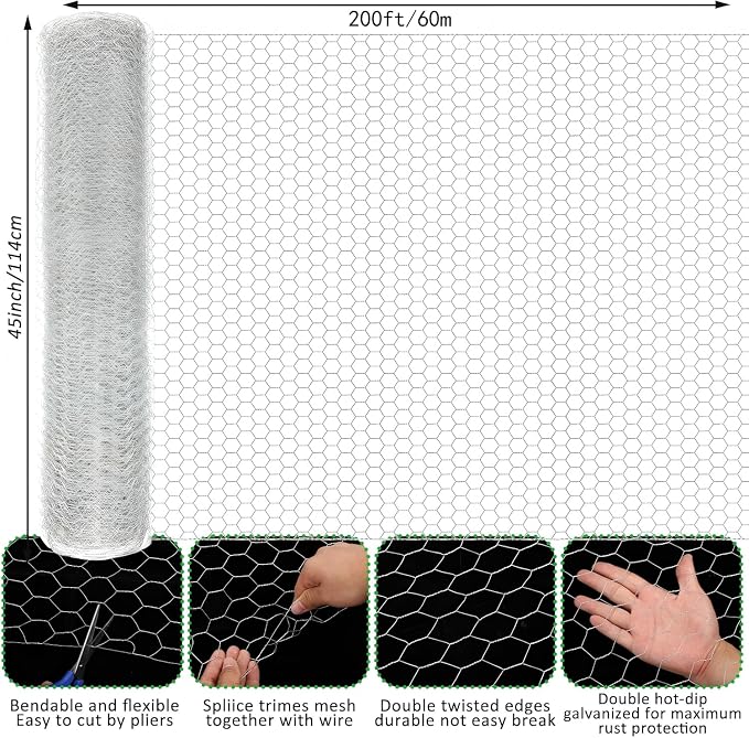 45 in X 200 ft Chicken Wire Fencing Metal Floral Chicken Wire Fence for Crafts 1 Inch Hexagonal Galvanized Poultry Wire Netting for Chicken Coop Barrier Rabbit Cage