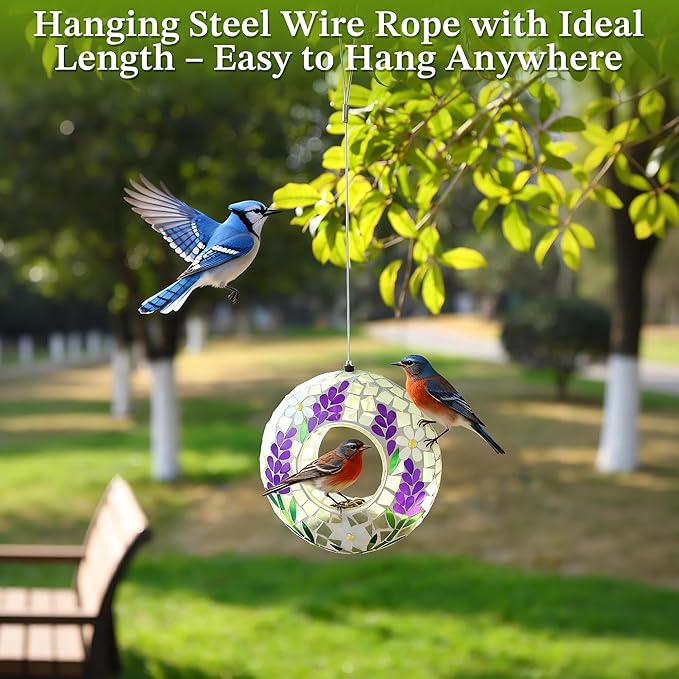 SAVENNA Mosaic Glass Hanging Bird Feeder, 6.3 Inch Handcrafted Outdoor Feeder with Steel Wire Rope, Decorative Garden & Patio Feeder for Wild Birds, Lavender Floral Mosaic Design