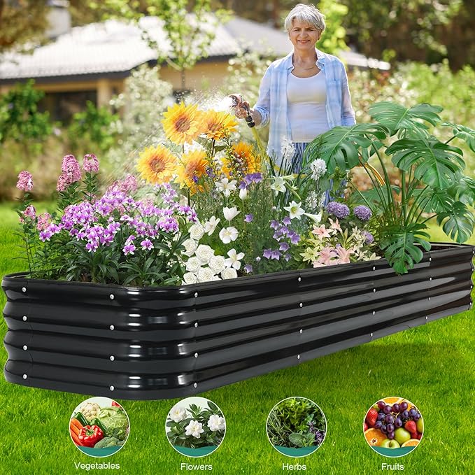 5 in 1 Galvanized Raised Garden Bed - 8x3x1ft (2Packs) Modular Planter Box Outdoor | Metal Raised Bed Kit with Bracing Rods for Gardening Vegetables Flowers Fruits Herbs (Gray)
