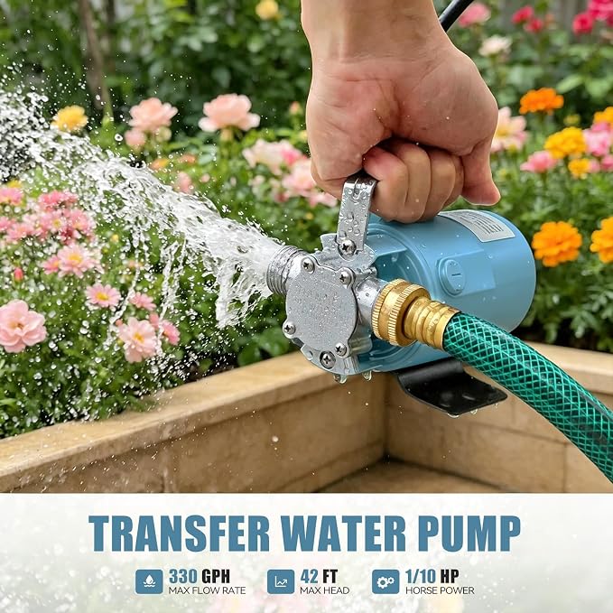 Water Transfer Pump, 115V 1/10HP Electric Utility Pump with On/Off Switch 2*6 ft Water Hoses Kit for Removing Water from Garden Pool Aquariums Hot Tub Draining 1/8’’ Low Suction for Rain Barrel (Blue)