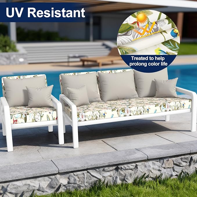 Smiry Waterproof Patio Cushion Covers, Stretch Outdoor Couch Slipcovers Replacement Washable Furniture Protector Sofa Chair Seat Cover for Dogs and Pets (4 Pcs, Beige and Green)