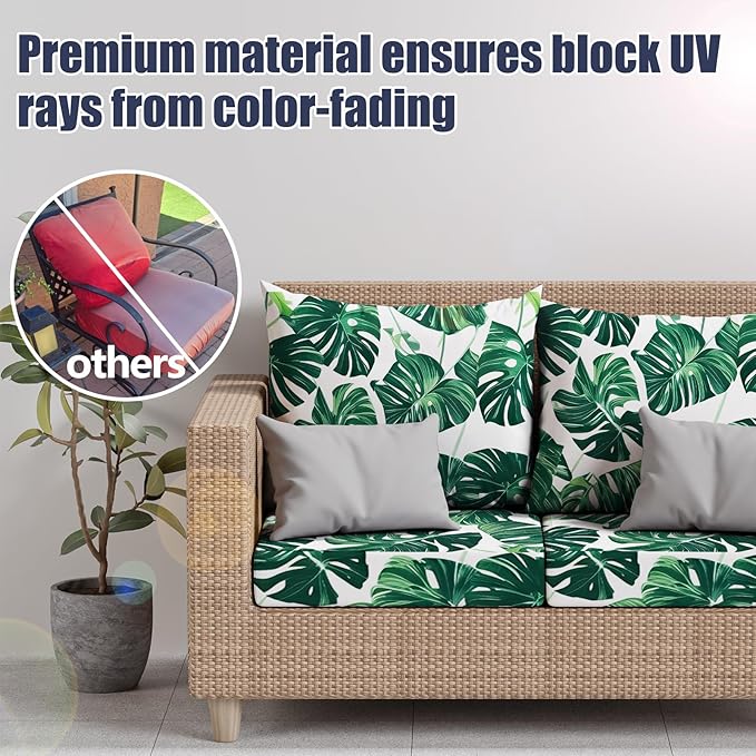 14Pcs Patio Stretch Cushion Covers, Outdoor Couch & Sofa Replacement Slipcovers for Patio Furniture Cushion Covers, Washable Reusable Furniture Protector, Square Large, Green Leaf