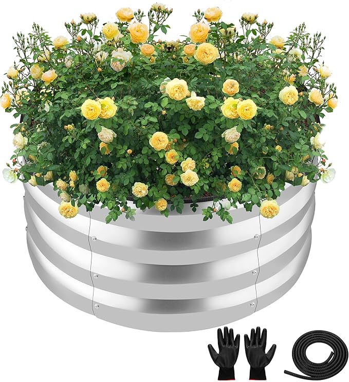 ZXZYHFTY Raised Garden Bed, 0.6 mm Galvanized Steel Round Planter Box with Open Bottom, Silver, 2 x 2 x 1 FT, 1 Pack