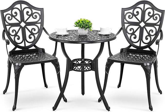 NUU GARDEN 3-Piece Outdoor Bistro Set, Round 24 Inch Cast Aluminum Bistro Table with 2.17" Umbrella Hole and 2 Cast Aluminum Bistro Chairs, for Patio, Garden, Backyard and Balcony, Black