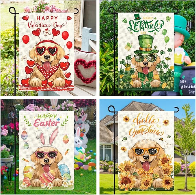 Golden Retriever Seasonal Garden Flags Set of 12, Welcome Seasonal Garden Flags 12x18 Double Sided, Dogs Yard Flags for All Holidays, Fall Winter Halloween Christmas Flag for Outdoor Farmhouse Decor