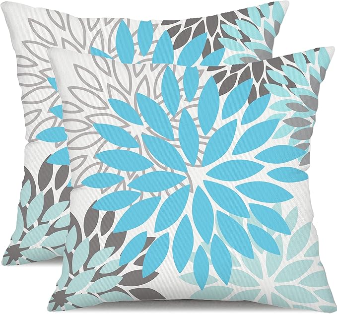 DFXSZ Sky Blue Flower Pillow Covers 18x18 Inch Set of 2 White Gray Colored Throw Pillows Outdoor Waterproof Decor for Living Room Sofa Patio Funiture Garden Floral Polyester Pillow Covers 002M18