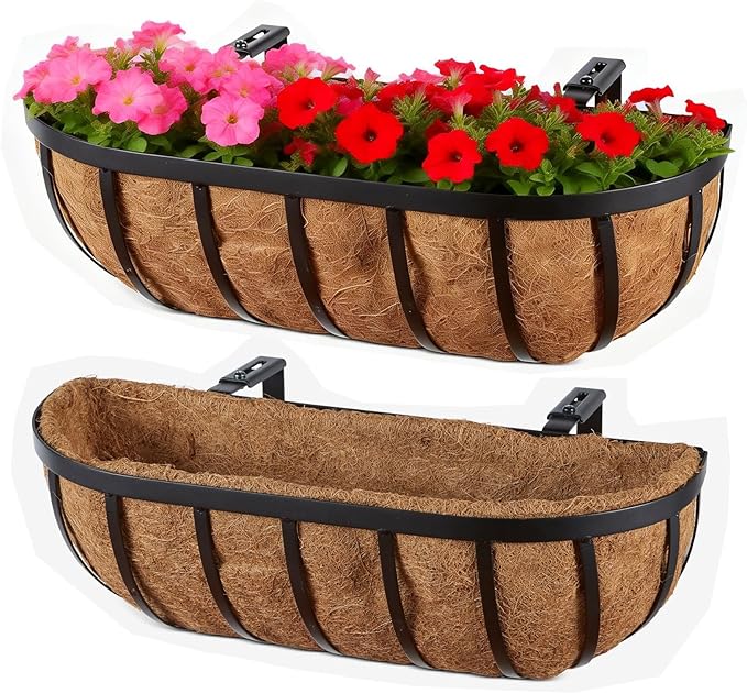 2 Packs Planter Box for Deck Railing 24" Black Metal Hanging Planter Basket with Coco Coir Liner Metal Window Planter Plant Holder Flower Pots
