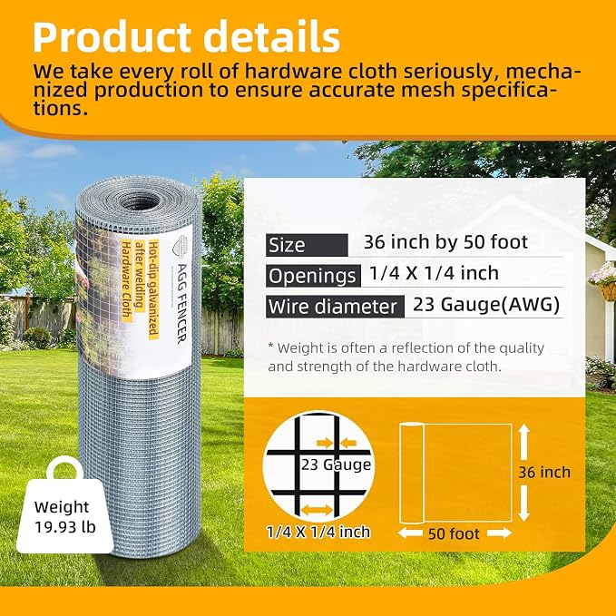 36inch x 50ft Hardware Cloth 1/4 inch Chicken Wire Fencing 23Ga, Hot Dipped Galvanized After Welding Garden Plant Supports Welded Metal Chicken Wire Fence, Poultry Animal Netting Cage Screen