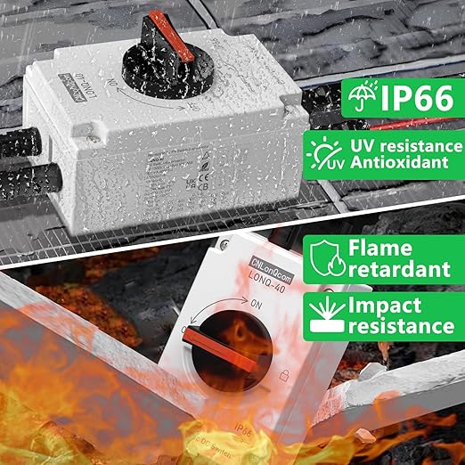 CNLONQ Solar PV Disconnect Switch 32 Amp DC1500V Rapid Shutoff Isolator Switch 1in 1out with Plug & Play Connector and IP66 Waterproof for Rooftop Solar Home Systems, RVs and Boats