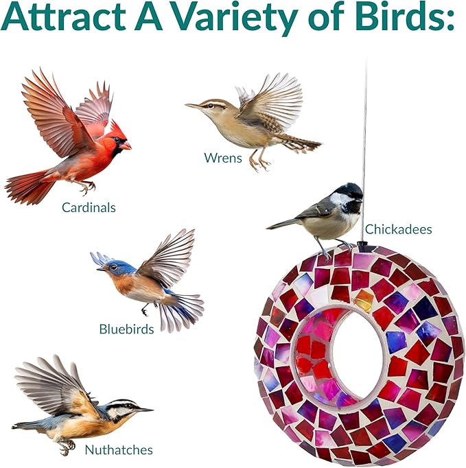 Sunnydaze 6-Inch Glass Mosaic Hanging Bird Feeder for Outdoors - Fly-Through Glass Bird Feeder for Cardinals, Jays, Finches and More - Crimson Mosaic