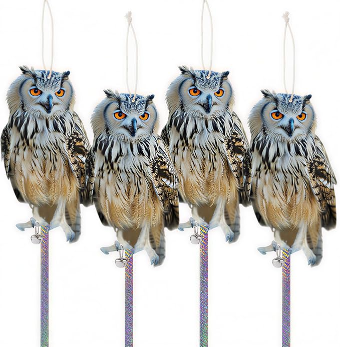 Fake Owl to Scare Pigeons Woodpecker, 4Pcs Flat Garden Owls to Keep Pigeons Squirrels Away from Outdoor, Plastic Owl to Scare Woodpecker from House, Hanging Owls with Reflective Tape for Patio Roof