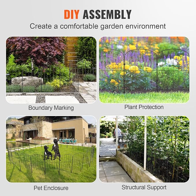 VEVOR Decorative Garden Fence 28 Pack, No Dig Fence 24in(H) x30ft(L) Animal Barrier Fence, Underground Garden Fencing with 2 inch Spike Spacing, Metal Dog Fence for The Yard and Outdoor Patio