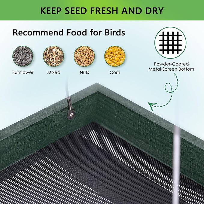 Gtongoko WPC Composite Platform Bird Feeder Hanging, Large 3.5 lbs Capacity, Durable, Seed Tray Bird Feeder for Outdoors with Metal Mesh Bottom Weather-Resistant for Garden Yard, Green