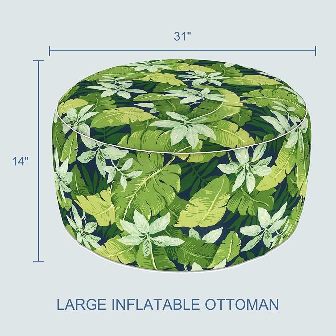 LVTXIII Indoor/Outdoor Large Inflatable Ottoman Pouf D31 x H14 Inch, Round Footstool with Handle, Weather-Resistant Portable Furniture for Patio, Camping, Beach, Jungle Leaves