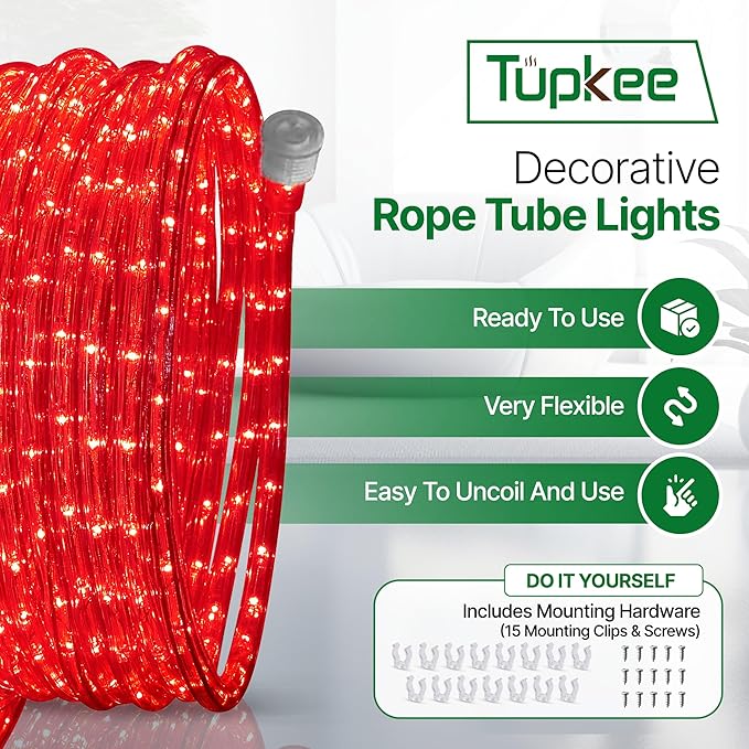 Tupkee LED Rope Light Red - for Indoor and Outdoor use, 24 Feet (7.3 m) - 10MM Diameter - 144 LED Long Life Bulbs Rope Tube Lights - Pack of 2