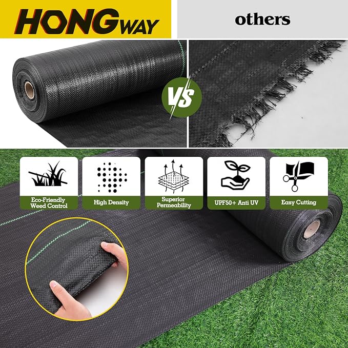 HongWay 2.6FT x 100FT Weed Barrier Landscape Fabric, Weed Block Fabric Heavy Duty with 40 U-Shaped Staples, Garden Cloth Weed Control Mats Ground Cover for Garden Beds, Farming, Underlayment