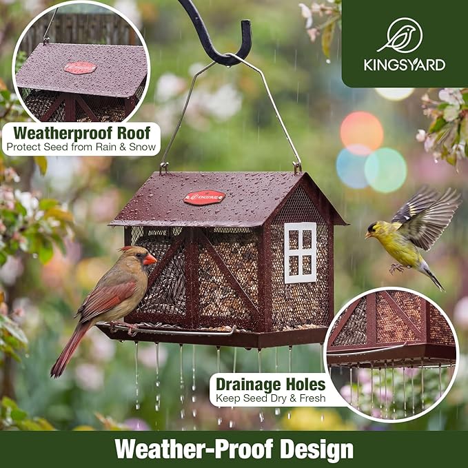 Kingsyard Metal Bird Feeder for Outdoors Hanging, 2-in-1 Wild Bird Feeder with Seed Tray & Built-in Perch, 5 lb Large Capacity for Cardinal Chickadee Finch, Bronze