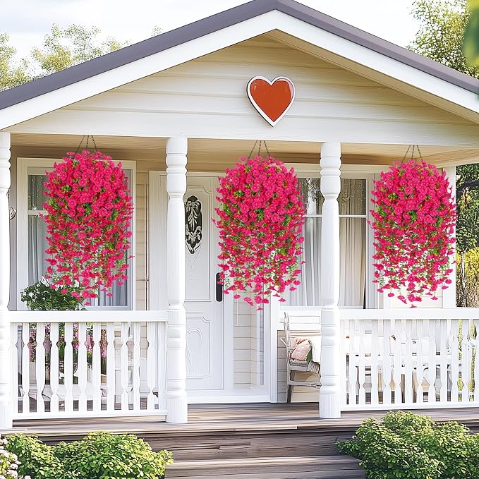 MARTINE MALL 8 Pcs Look Real Artificial Flowers for Outdoors, Realistic Artificial Hanging Flowers for Outdoors, UV Resistant Fake Hanging Plants Silk Petunia Faux Flowers for Porch Patio, Rose Red