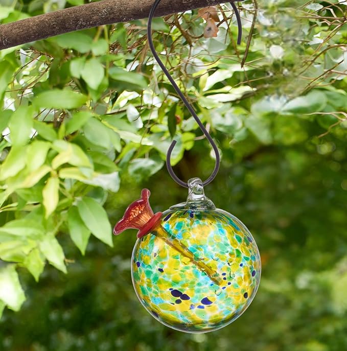 Red Carpet Studios Hummingbird Feeder Hand-Blown Art Glass, Hanging Birdfeeder with Red Flower Feeding Port, 5.5" Round Yellow-Green