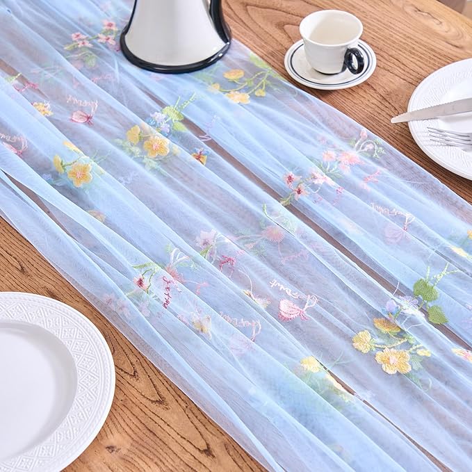 vctops 2 Packs Embroidery Lace Spring Table Runner 10ft Floral Garden Seasonal Tulle Table Runner Holiday Kitchen Dining Table Decoration for Wedding Party Baby Shower Birthday (Blue,30"x120")