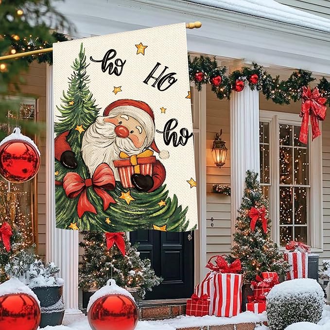 Christmas Tree Santa Claus Welcome House Flag 28x40 Inch Double Sided, Xmas Holiday Winter Burlap Large Yard Flag Farmhouse Flags Seasonal Patio Outdoor Outside Decoration
