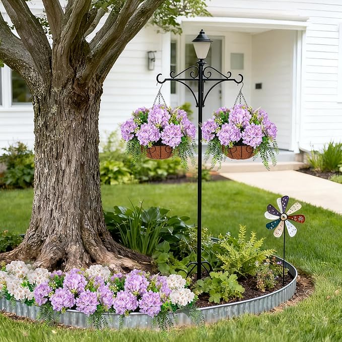 Ammyoo Artificial Flowers in Hanging Basket Planter for Home Spring Summer Decoration, Silk Hydrangea Outdoor Indoor Arrangements, 12" Metal Coconut Lining Basket with Faux Plant(Light Purple)