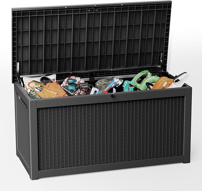 260 Gallon Deck Box, Waterproof Resin Outdoor Storage Box Lockable for Patio Furniture, Fade Resistant Patio Side Table & Organizer for Garden Tools, Pool Floats, Outdoor Cushions, Black
