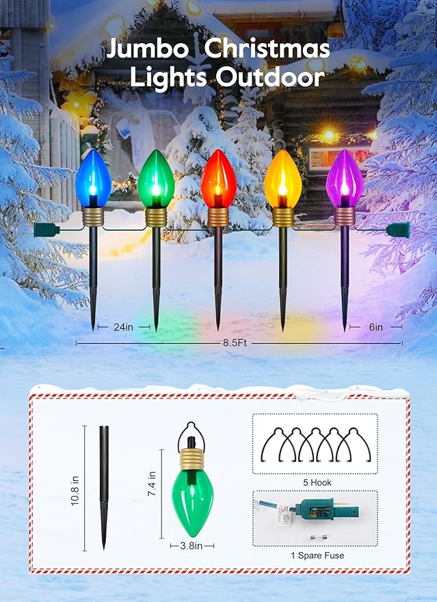 Jumbo C9 Christmas Pathway Lights Outdoor - 8.5 Feet 5 LED C9 Walkway Light, C7 Light Covered Jumbo Multicolor Bulb Christmas Lights Outdoor Decorations for Lawn Holiday Outside Yard Garden