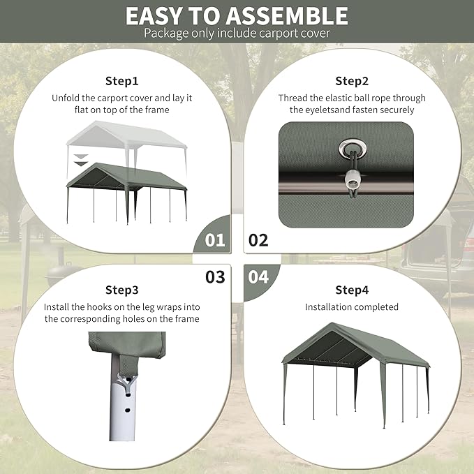 Carport Replacement Canopy Cover 12'x20' for Tent Top Garage Shelter Cover, 800D Heavy Duty Oxford Waterproof & UV Protected Car Canopy Tarp with Ball Bungees (Frame is not Included)