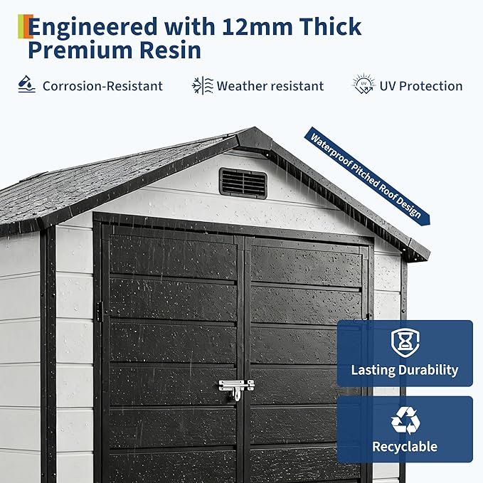 Resin Outdoor Storage Sheds 4x6 ft, Upgraded Double-Wall Outdoor Plastic Shed with Window & Double Doors, Waterproof Lockable Garden Shed (Grayish White + Black, 6 X 4 ft)