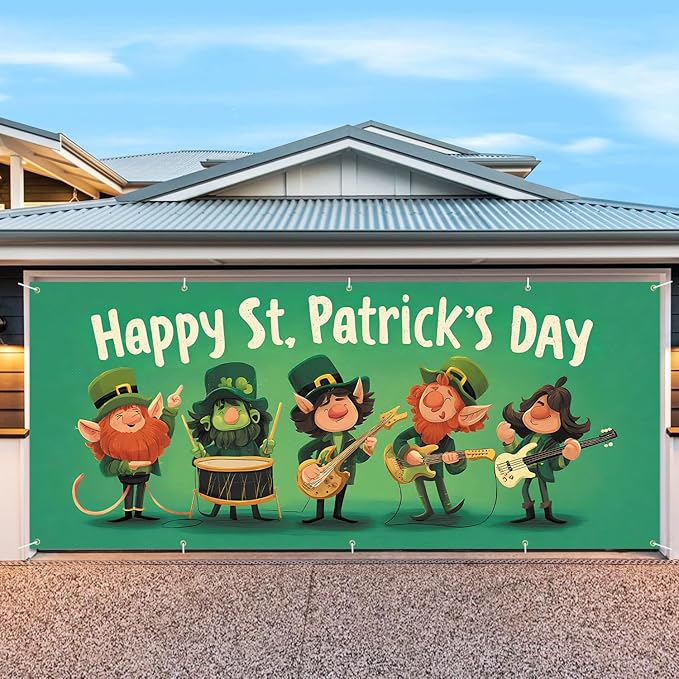 7 * 16FT Summer Garage Door Cover Decorations Sunset Palm Trees Garage Door Banner for Outdoor Indoor Summer Party Photography Backdrop (Happy St. Patrick's Day, 7 * 16 ft)