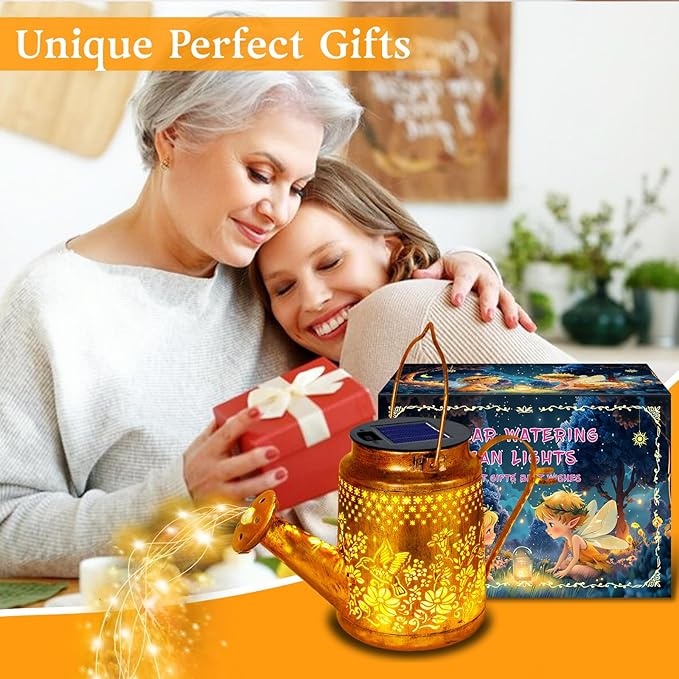 Solar Hummingbird Flowers Watering Can Lights, Gifts for Mom Grandma Women Wife Daughter Mother's Day, Waterproof Outdoor Garden Decor with Shepherd Hook, Hanging Lights for Yard Porch Backyard Patio