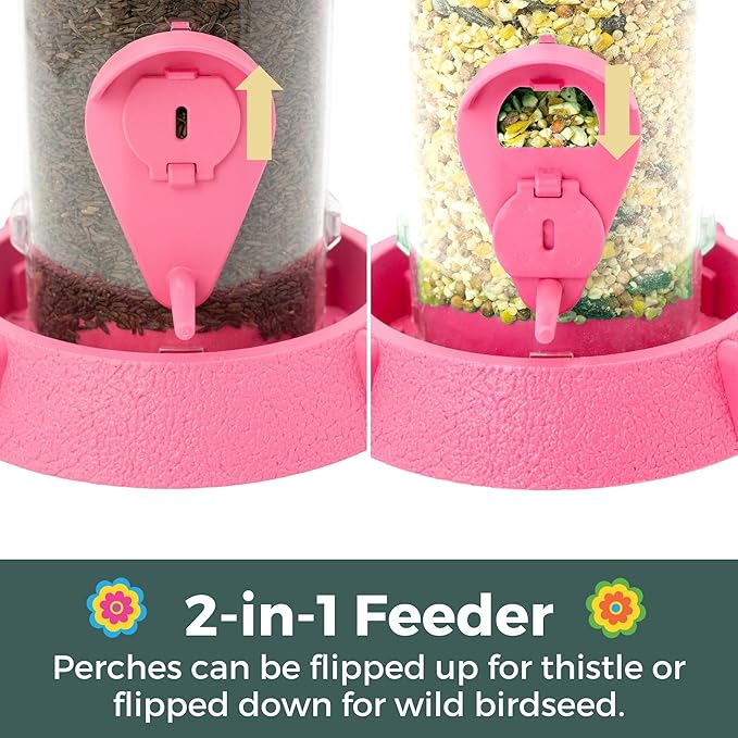 North States Village Collection - 2-in-1 Hinged-Port Birdfeeder Fiesta Pink: Hanging Bird Feeder for Outdoors, Holds 1.75 Pounds of Seed