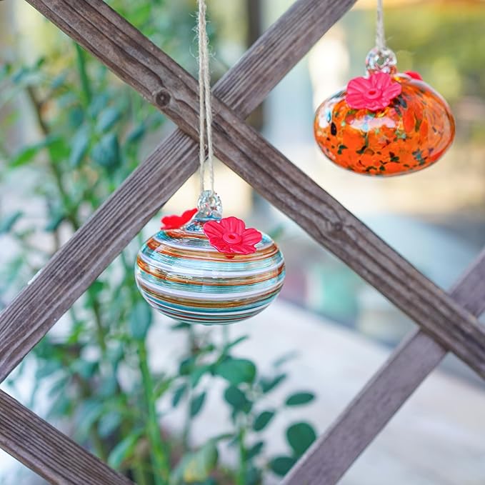 2pcs Blown Glass Hummingbird Feeders for Outdoors 3.2in Hanging Glass Humming Bird Feeders for Window Patio Decor with 2 Flower Feeding Ports