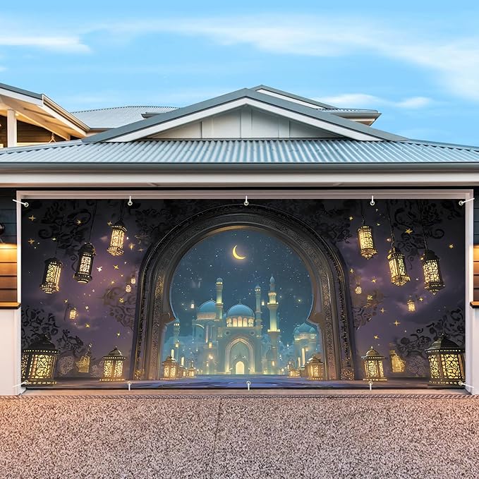 7 * 16FT Summer Garage Door Cover Decorations Sunset Palm Trees Garage Door Banner for Outdoor Indoor Summer Party Photography Backdrop (Ramadan, 7 * 16 ft)